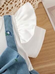 Baby Girl Patchwork Contrast Color 2 In 1 Outfit With 3D Bow & Ditsy Floral, Includes Headband - Blue - View 4