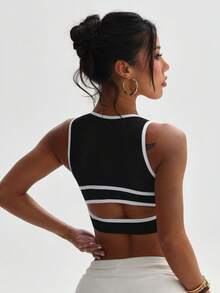 Women's Fashionable Solid Color Removable Padded Crew Neck Sleeveless Mesh Patchwork Back Sports Knit Bra - Black - View 2