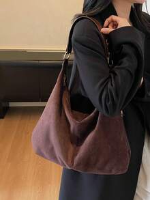 时尚简约女士手提包 - 大容量单肩包，配有安全拉链，轻便百搭，是秋冬季必备的时尚配饰。新款大容量复古仿麂皮托特包，有黑色/酒红色/咖啡棕色可选。 - 咖啡棕 - 查看 5