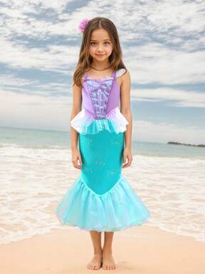 Vestido de princesa com lantejoulas, mangas curtas e detalhes em tule em cores contrastantes para meninas, ideal para festas e cosplay. Perfeito para ocasiões especiais e para um look delicado e charmoso.