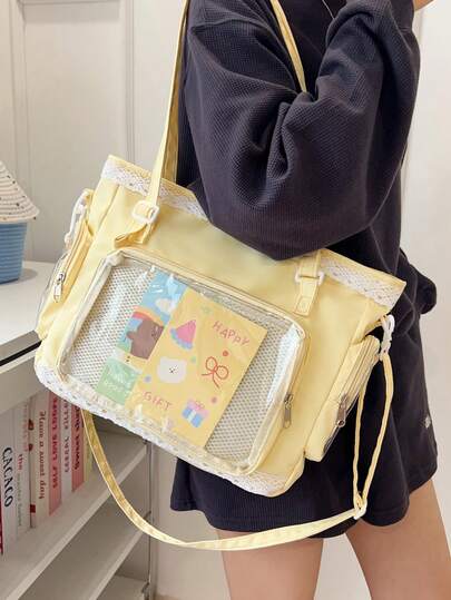 1 pièce Sac à épaule de style japonais kawaii pour fille, avec nœud de perle et bordure en dentelle pour un look élégant et mignon. Décoration transparente convenant pour le cosplay, les événements animés et l'usage quotidien. Bandoulière amovible et réglable. Grand sac fourre-tout pratique pour les étudiantes, un sac à main élégant et pour les jolies dames, un portefeuille, un sac Ita pour le shopping, les fêtes, les voyages, l'école, etc.