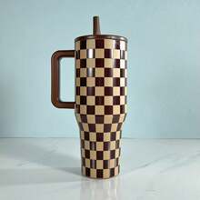 HYDRO JUG Cherry, Western Cowboy, Black And White Checkered Patterns Of Double Wall Insulated Stainless Stee With Straw 32oz/40oz Cup. Water Bottle. Flip-Straw, 24 Hours Cold, Completely Leak-Proof. Suitable For Water, Iced Tea Or Coffee, Ice Drinks , Hot Drinks, Juice. Suitable For Camping, Work, Indoor Use. Halloween Gifts, Christmas Gifts, Giving Gifts. - Màu nâu kẻ caro - 40oz - Xem 3