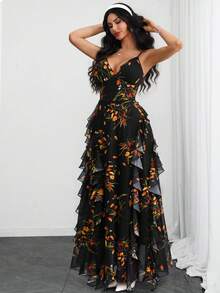 Women's Romantic Elegant Black Floral Print V-Neck Layered Ruffle Hem Mesh Maxi Dress - Multicolor - View 4