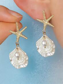 1对时尚沙滩度假风锌合金海星仿珍珠贝壳耳环，适合女性佩戴 - 彩色 - 查看 3