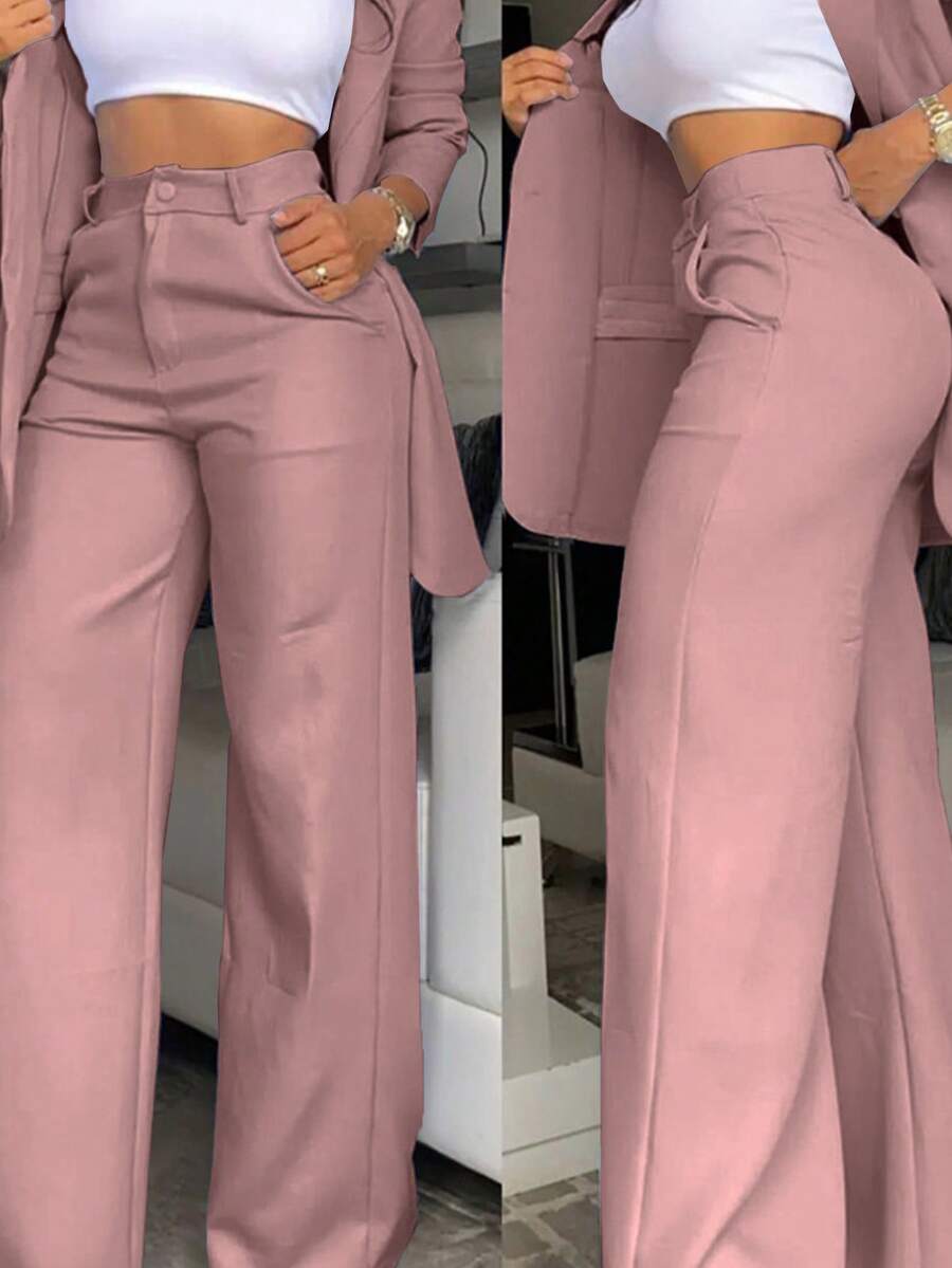 Elegant Business Casual Two-Piece Suit, Single Button Lapel Suit Jacket And Slim Fit Pants, Women's Clothing - 淺粉色 - 查看 1