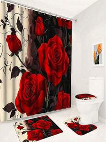 1/3/4 Pcs Red Rose Pattern Bathroom Set, Waterproof Knitted Polyester Curtain With Grommets, Machine Washable, Artistic Theme, Includes Toilet Lid Cover And Bath Mat, 72x72 Inches, With 12 Hooks - Multicolor - View 24