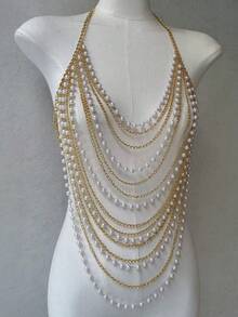 Shiny Pearl Layered Body Chain, Suitable For Y2K Party & Club Style, Sparkling Backless Chest Chain Jewelry - Gold - View 4