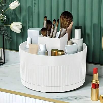360 Degree Rotating Makeup Organizer, Minimalist Design, Durable ABS Plastic Material, Suitable For Bedroom, Vanity, And Bathroom Storage, White And Green