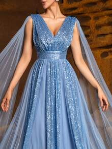 Faeriesty 女士优雅正式晚礼服，精致V领，缀满亮片，修身胸衣，飘逸蝙蝠袖，适合正式晚宴、红毯活动、奢华盛会、正式婚礼和宴会等春季派对场合。 - 藍色 - 查看 2