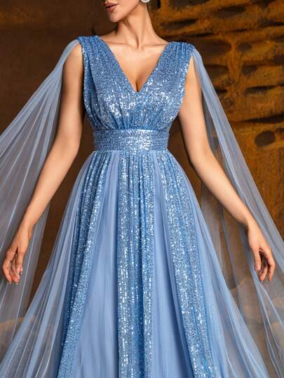 Faeriesty Vestido de noche elegante y formal para mujer, con escote en V exquisito, decoración totalmente lentejuelada, corpiño ajustado, mangas de murciélago fluidas, adecuado para cenas formales, eventos de alfombra roja, galas de lujo, bodas formales y banquetes