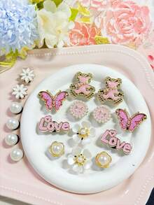 18pcs Gold Glitter Bear Shoe Clips, Detachable Flower & Bow Shoe Decorations, Fashion & Elegant, Suitable For Sandals, Slippers, Great As Holiday Gifts - Gold Pink - View 4