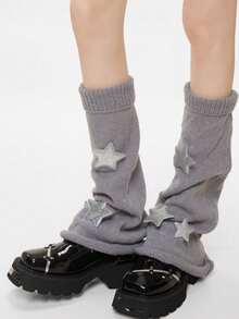 1双女士长筒腿套，学院风宽松过膝腿套，针织亚文化纯色条纹五角星垂坠腿套，适合日常和假日穿着 - 彩色 - 查看 20