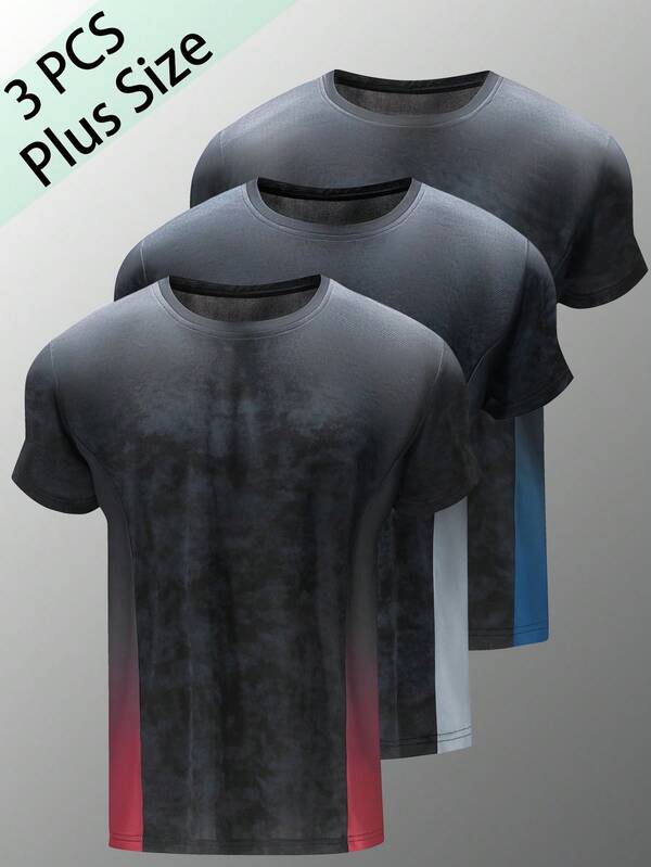 3pcs/Set Plus Size Men's Ombre Round Neck Sports T-Shirts, Casual Jogging Plus Size Short Sleeve Tees, Suitable For Spring & Summer, Valentine's Day Gift