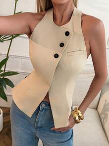女士新款露背纯色休闲背心，适合休闲、街头、通勤、优雅场合、办公室等场合穿着。 - 卡其色 - 查看 4