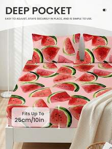 1件西瓜图案舒适透气抗皱床笠，适合多种床型，适用于家庭卧室和学生宿舍，可机洗，不含枕头和枕套，通过Oeko-Tex认证 - 彩色 - 查看 4