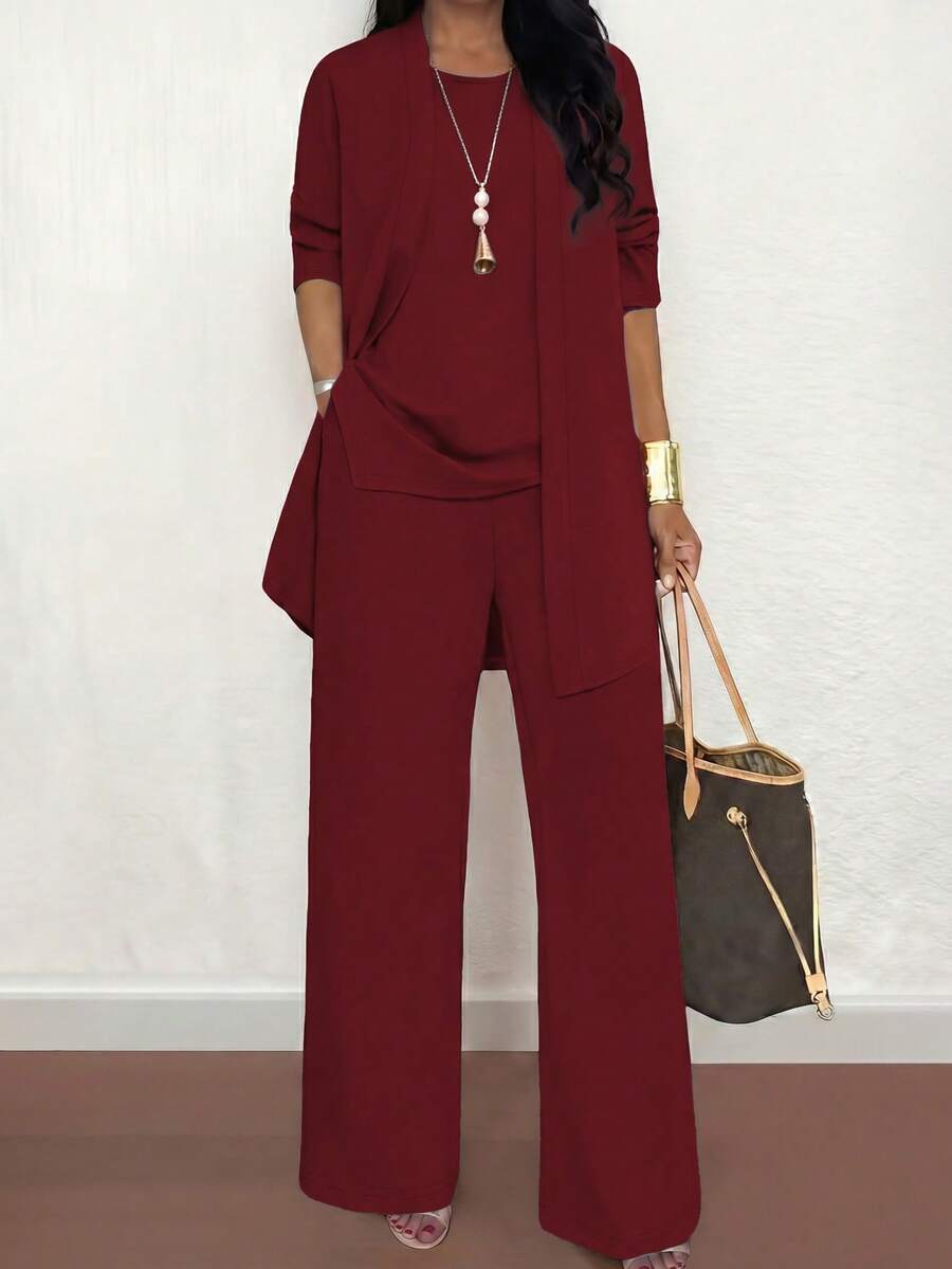 3pcs Plus Size Women Casual Solid Color Outfit Set: Jacket/Cardigan + Round Neck Sleeveless Top + Elastic Waist Straight Leg Pants, Soft Stretchy Fabric, Loose Fit, Comfortable For Commuting, Spring/Autumn/Winter Elegant - Burgundy - View 1