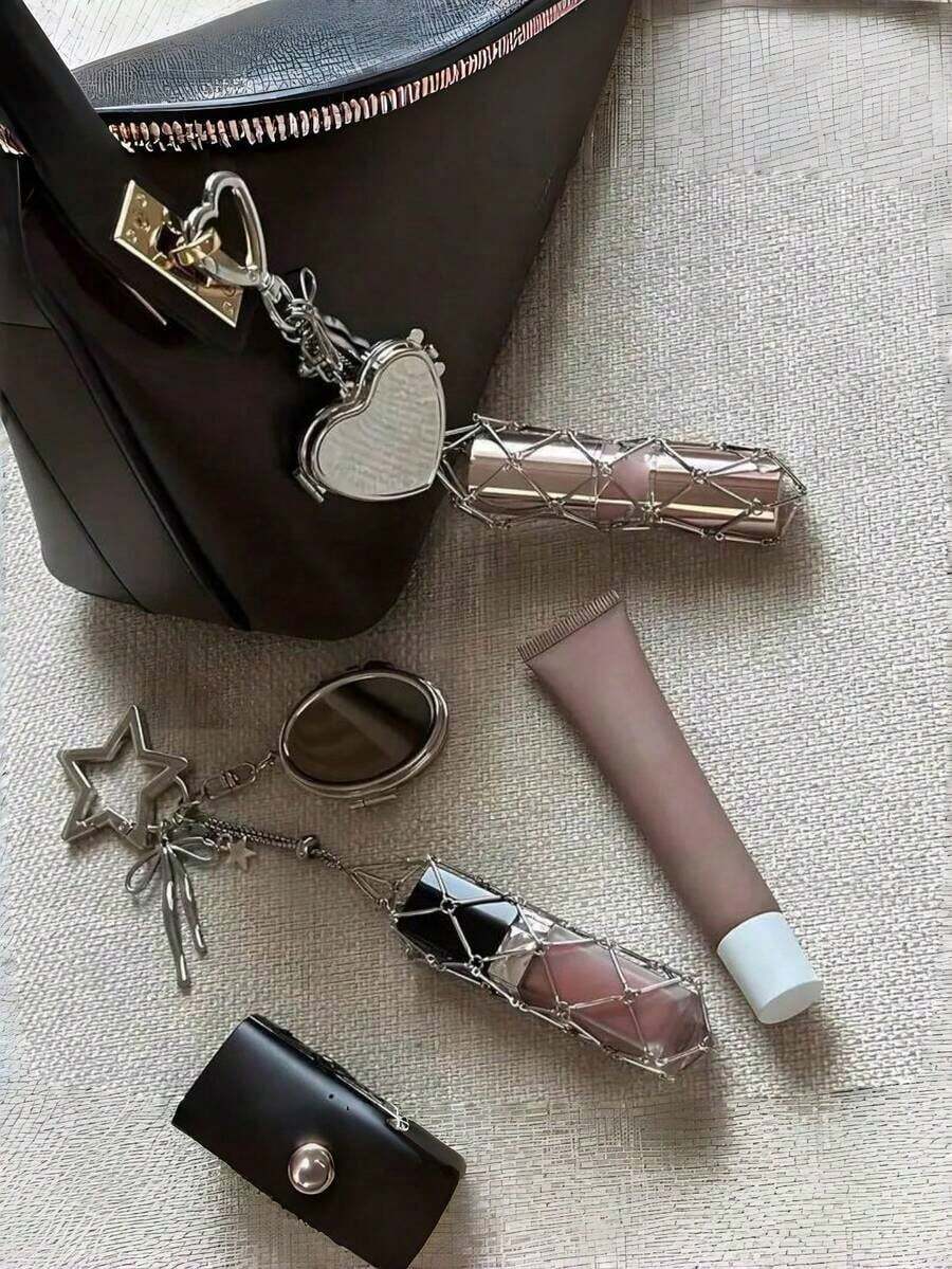 Hanging Decorations Love Charm Mesh Bag Lipstick Holder Stainless Steel Lip Balm Pouch Metal Keychain Keyring Car Chain Travel Accessories Keychain Accessories Bag Charm Purse Charm - 銀色 - 查看 1