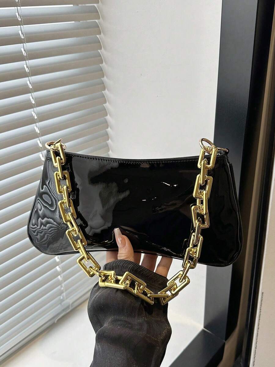 1pc Metallic Gold Chain Decor One Shoulder Underarm Baguette Bag - Black - View 1