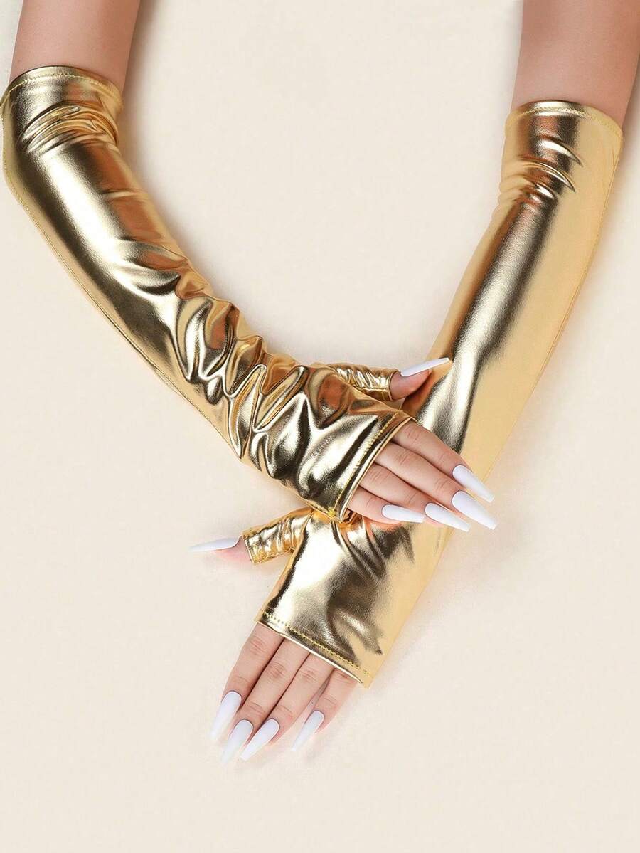 1 Pair Long Elastic PU Fingerless Gloves, Suitable For Party, Dance, Motorcycle Riding,Travel,Festival - Gold - View 1