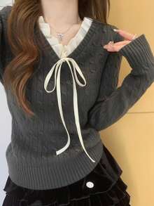 Spring Patchwork 2 In 1 Textured Knit Sweater, Red Color - Dark Grey - View 4