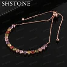 可调节多色925纯银镀玫瑰金网球手链，女士彩虹色锆石吊坠手链，时尚饰品 - 玫瑰金 - 查看 1