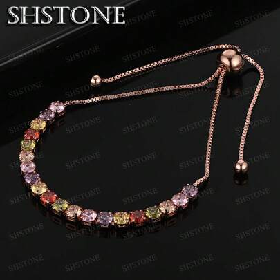 可调节多色925纯银镀玫瑰金网球手链，女士彩虹色锆石吊坠手链，时尚饰品