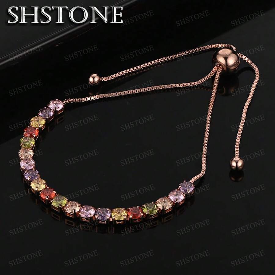 可调节多色925纯银镀玫瑰金网球手链，女士彩虹色锆石吊坠手链，时尚饰品 - 玫瑰金 - 查看 1