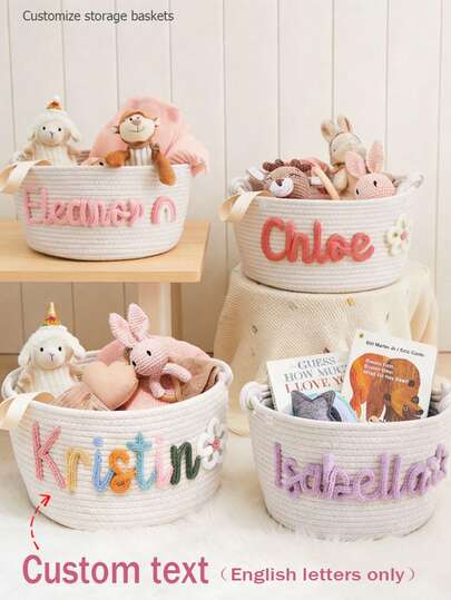 1pc Personalized Letter Storage Basket, Colorful Handwoven Embroidered, Rainbow Flower Star Sun, Easter Holiday, Home Decor Storage Basket, Party Gift Basket, Easter Gift