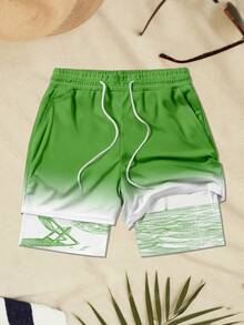 Men's Beach Vacation Printed Lining Casual Shorts - Green - View 2