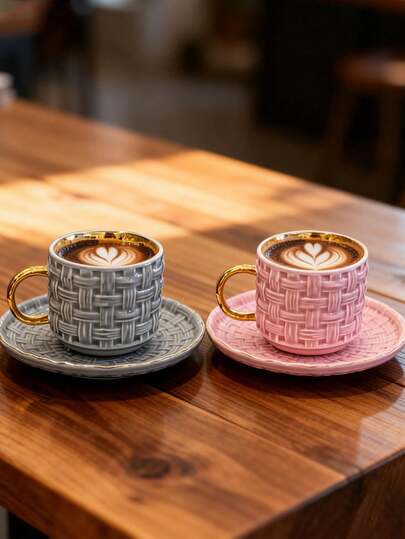 XNRJ Studio1 1 Set 110ml Ceramic Coffee Cup Set With Gold Rim Handle, Tea Cup & Saucer Set, American Coffee, Ramadan Gift, Suitable For Afternoon Tea, Home Decor Gift