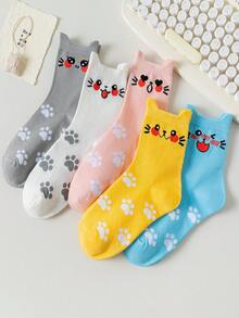 5 Pairs Women Cartoon Cat Ear Mid-Calf Socks, Cute Expression, Fashion Minimalist Classic Casual, Suitable For Daily Wear, Holiday Gift, All Seasons - Multicolor - View 5