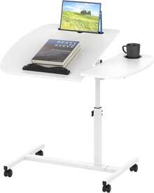 Meeyoga Escritorio para Laptop - (40+20)*40cm Escritorio Móvil de Pie con Altura Ajustable,Gran Panel con Soporte de Vaso de Agua, Ranura de Tarjeta y Ranura Plana (Nogal) - Color caoba - Ver 8