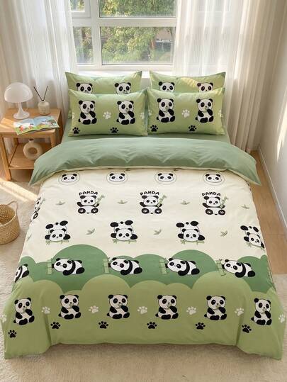 2/3pcs Cute Panda Printed Duvet Cover Set (1 Duvet Cover + 1/2 Pillowcases, Comforter Not Included), Reversible Design (Different Patterns On A/B Sides), Soft & Breathable Polyester Fabric, Suitable For All Seasons, Zipper Closure, Ideal For Hotel, Bedroom, Guest Room And Dormitory Decoration, Lightweight And Breathable, Great Gift Choice.