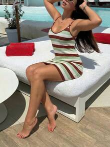 Buzzelle 女士夏季条纹针织吊带连衣裙，深V领修身铅笔裙，撞色无袖宽松连衣裙 - 适合休闲、度假、海滩、约会、音乐节等场合 - 彩色 - 查看 10