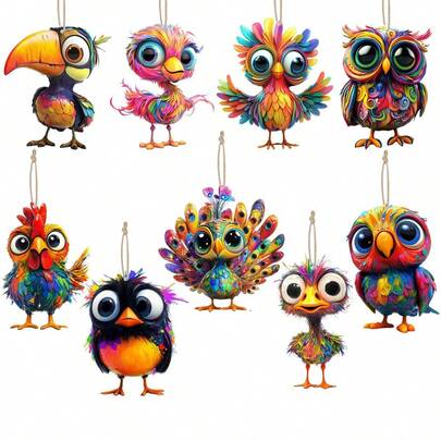 9pcs Owl, Peacock, Woodpecker Animal Themed Holiday Party Home Decor Wooden Hanging Ornaments