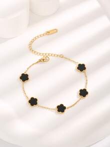 1 chiếc vòng tay bằng thép không gỉ thời trang với họa tiết hoa, thích hợp cho nữ giới đeo hàng ngày, quà tặng cho Ngày Valentine, Ngày của Mẹ, mẹ. - màu đen - Xem 2