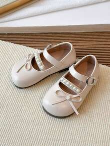 Girls' Leather Shoes 2026 New Bowknot Pearl Fashionable Casual Flat Princess Shoes For Kids, Soft Bottom Non-Slip Lightweight Shoes - Beige - View 3