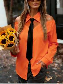 Áo kiểu nữ thanh lịch, khoét hở, gợi cảm, trễ vai, phối màu tương phản, cổ buộc dây, tay dài, thích hợp cho mùa xuân/hè, đi nghỉ mát, mặc ngoài trời. - trái cam - Xem 6