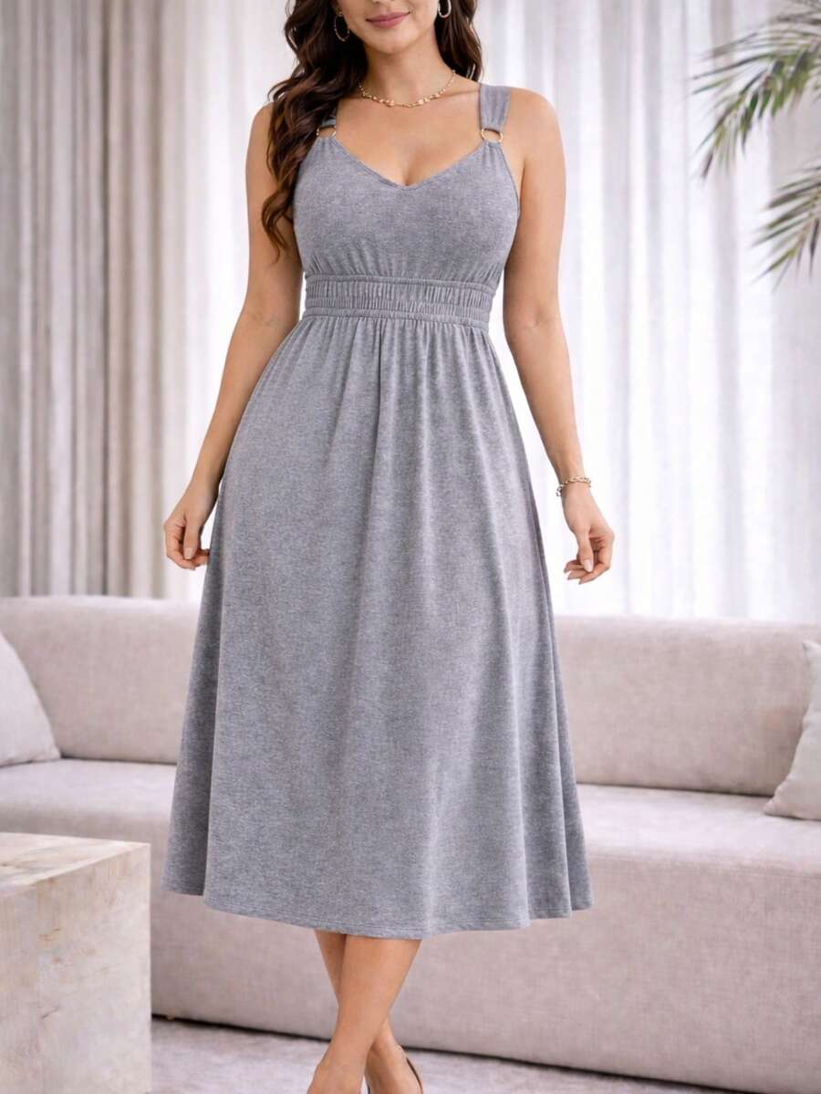 AME MODAS Elegant Sleeveless Midi Dress, A-Line Cut, For Women, In Knit Fabric, Round Neck, Casual Style, High Elasticity And Solid Color. - 淺灰色 - 查看 1