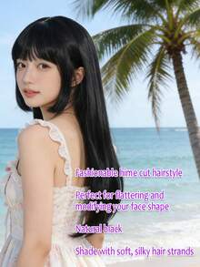 Peluca negra recta de 24 pulgadas de largo con flequillo, corte de princesa, cabello sintético natural para mujeres para cosplay y uso diario - Multicolor - Ver 5