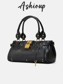 Women's PU Leather Handbag, Vintage All-Match Padlock Rivet Pillow Bag, Winter New Commuter Tote Bag, Casual Top Handle Shoulder Bag, Fashion Crossbody Bag, Suitable For Travel And Work - Black - View 1