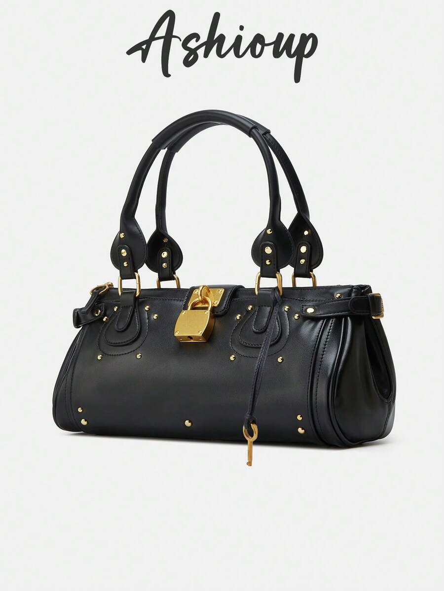 Women's PU Leather Handbag, Vintage All-Match Padlock Rivet Pillow Bag, Winter New Commuter Tote Bag, Casual Top Handle Shoulder Bag, Fashion Crossbody Bag, Suitable For Travel And Work - Black - View 1