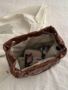 大容量时尚手提包，棉质刺绣绗缝柔软休闲链条单肩斜挎包，女士款 - 咖啡 - 查看 6