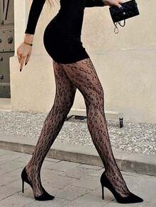 Leopard Print Fishnet Stockings, Sexy & Bold, Suitable For Dates, Valentine's Day And Outings - Black - View 4