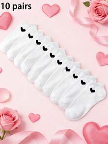3/6/9/10/15/20 双装女士黑色、白色、灰色短袜，休闲百搭男女通用爱心图案乐福鞋袜，春夏款 - 彩色 - 查看 17