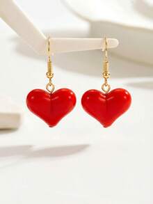 一对心形耳环，优雅时尚首饰礼品，适合女性，情人节礼物，派对配饰 - 紅色 - 查看 2