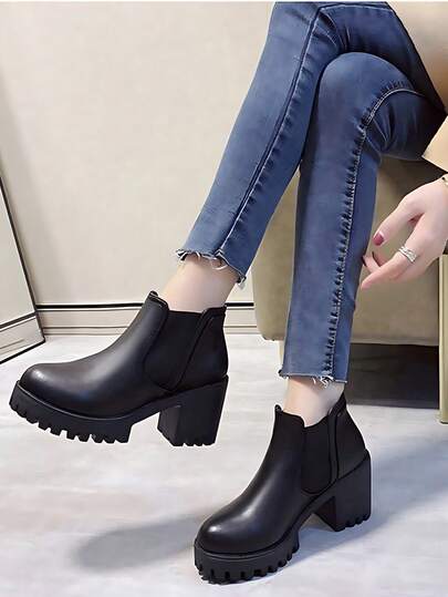 Botas Chelsea de plataforma negra para mujer - Tacón grueso con suela antideslizante, estilo casual y moderno