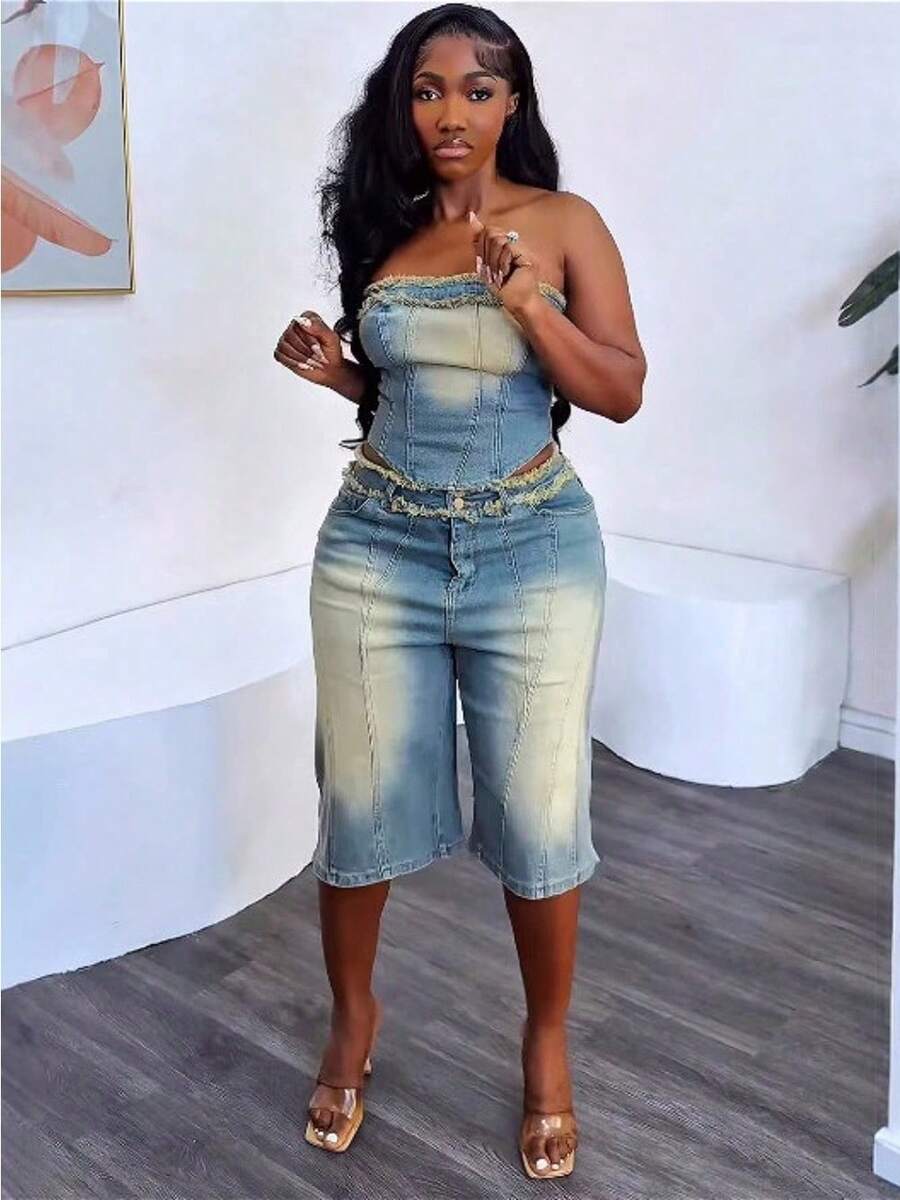 Women's Jeans Suits, Women's Fashion, Raw Edge Wraps, High-Waisted Denim Shorts - 藍色 - 查看 1