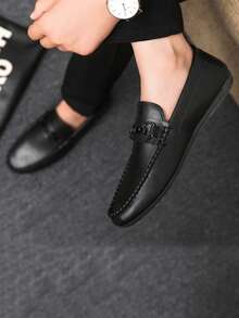 男士乐福鞋 新款休闲鞋 百搭莫卡辛鞋 一脚蹬船鞋 宽松鞋 真皮平底男鞋 黑色船鞋 男鞋 商务正装鞋（鞋型偏小偏窄，请选购大两码） - 黑色 - 查看 5