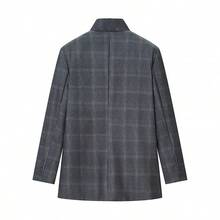 Áo khoác nữ thanh lịch, kiểu dáng thường ngày, kẻ caro, phong cách retro cổ đứng, cài một hàng khuy, có túi trang trí, thích hợp cho mùa xuân. - Xám - Xem 8